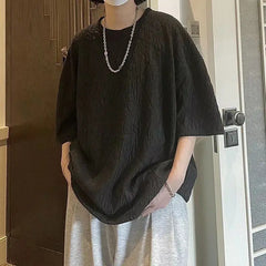 HEARUJOY  -  Summer New Men's Solid Color Crew Neck Pleated All-match Comfortable Fashionable Loose Half Sleeve Casual T-shirt Tops