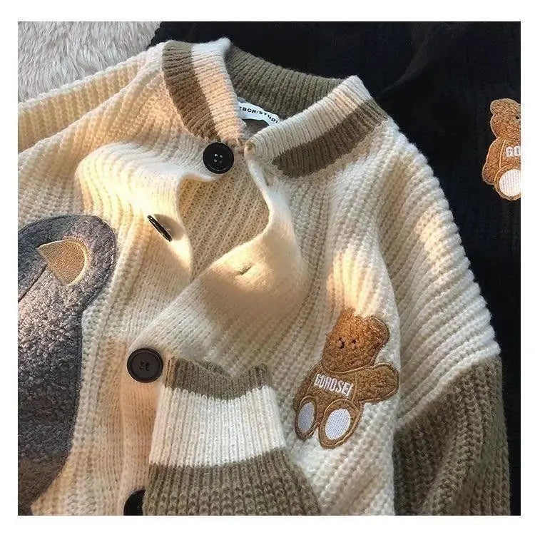 HEARUJOY  -  Bear Cardigan Sweater Men Women Design Knitted Sweater Lazy Couple Jacket Trendy