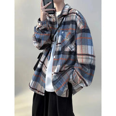 HEARUJOY  -  Trendy Blue Plaid Work Coat-like Brushed Shirt Jacket