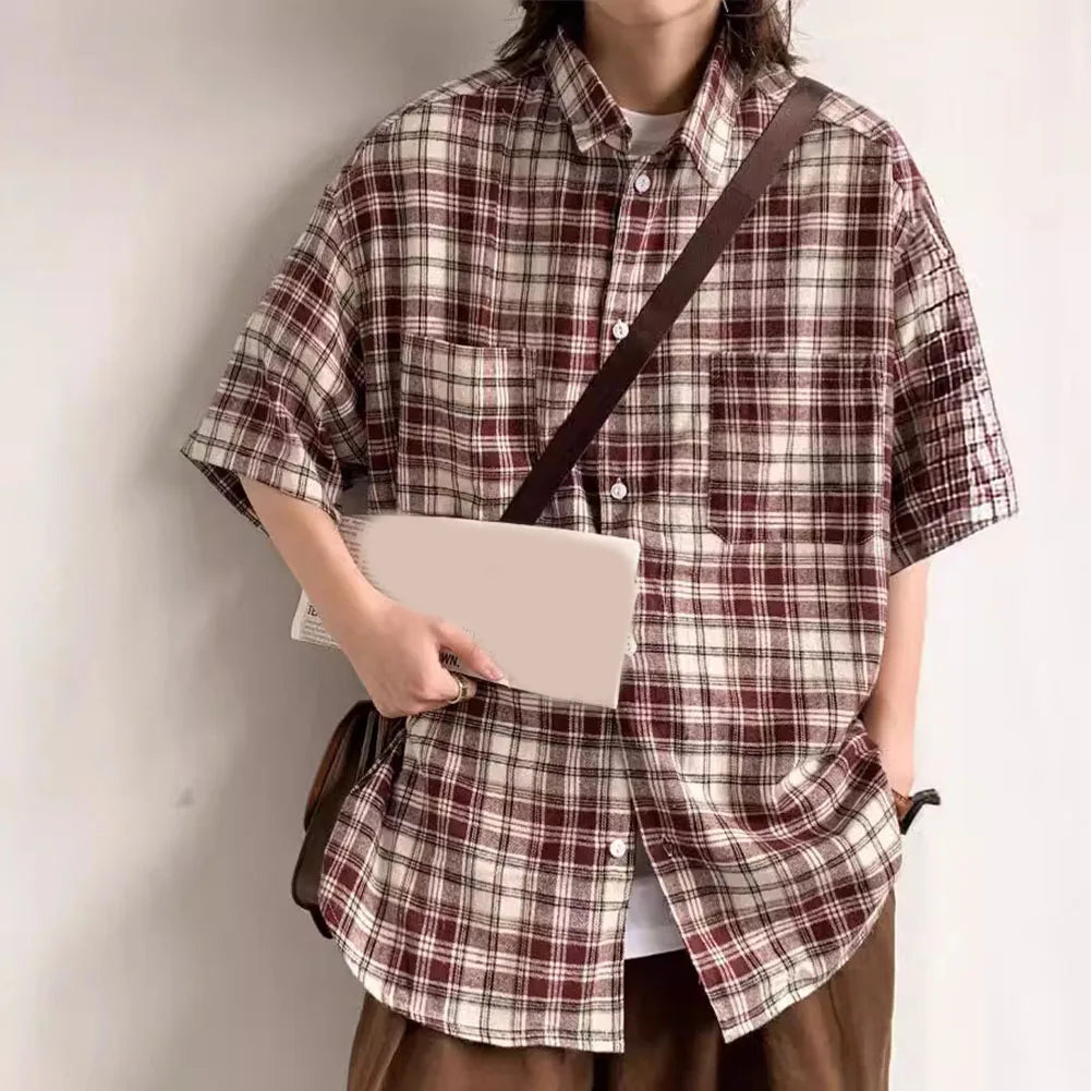 HEARUJOY  -  Plaid Shirt For Men Casual Couple Loose Mens Shirt Polyester Fabric Slight Stretch All Seasons Applicable Male