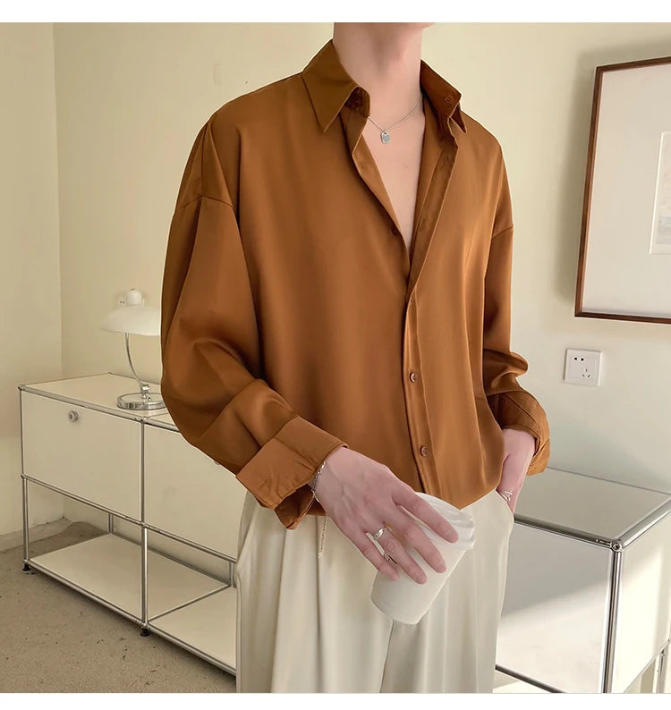 HEARUJOY  -  Long Sleeved Shirt Men Oversized Fashion Social Mens Dress Shirt Korean Loose Ice Silk White Shirt Mens Office Formal Shirts