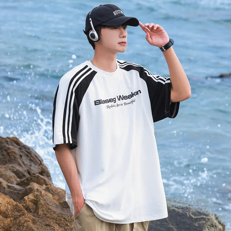 HEARUJOY  -  Streetwear Men Patchwork Striped Design T-shirt Unisex New in Summer Loose Fit American Vintage Casual Round Neck TopsTees