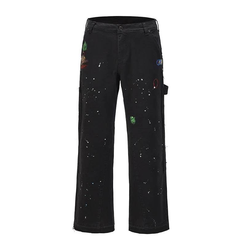 Hearujoy Streetwear Graffiti Cargo Flared Jeans Khaki Black Splash Ink Wide Leg Denim Pant Hip Hop Cargo Trousers Jean Men