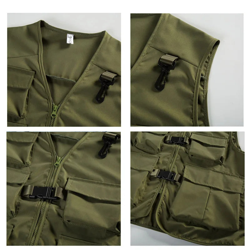 HEARUJOY  -  Pure Color V Neck Multi Pocket Utility Vest Men Trendy High Street Sporty Unisex Loose Sleeveless Jacket Functional Casual