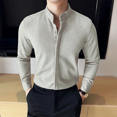 HEARUJOY  -  Thick woolen shirt For Men Autumn Winter Solid Color Slim Fit Warm Top High Quality Long Sleeve Stand Collar Shirt Streetwear