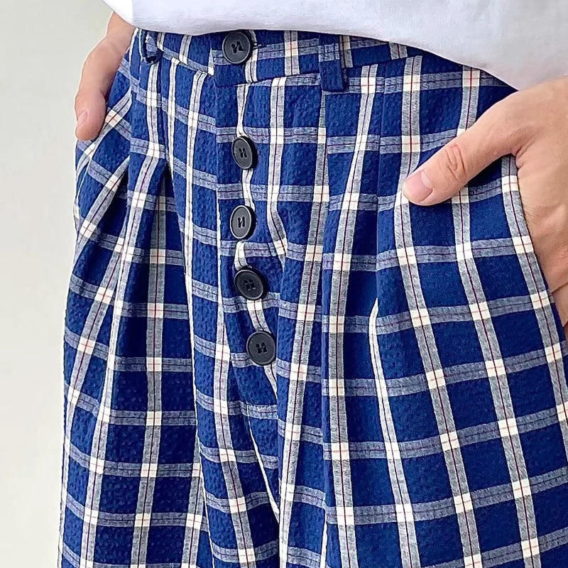 HEARUJOY  -  Blue Checkered Straight Leg Pants Mens Retro Trendy Loose Couple Casual Trousers Multiple Buckles College Pantalones Hombre