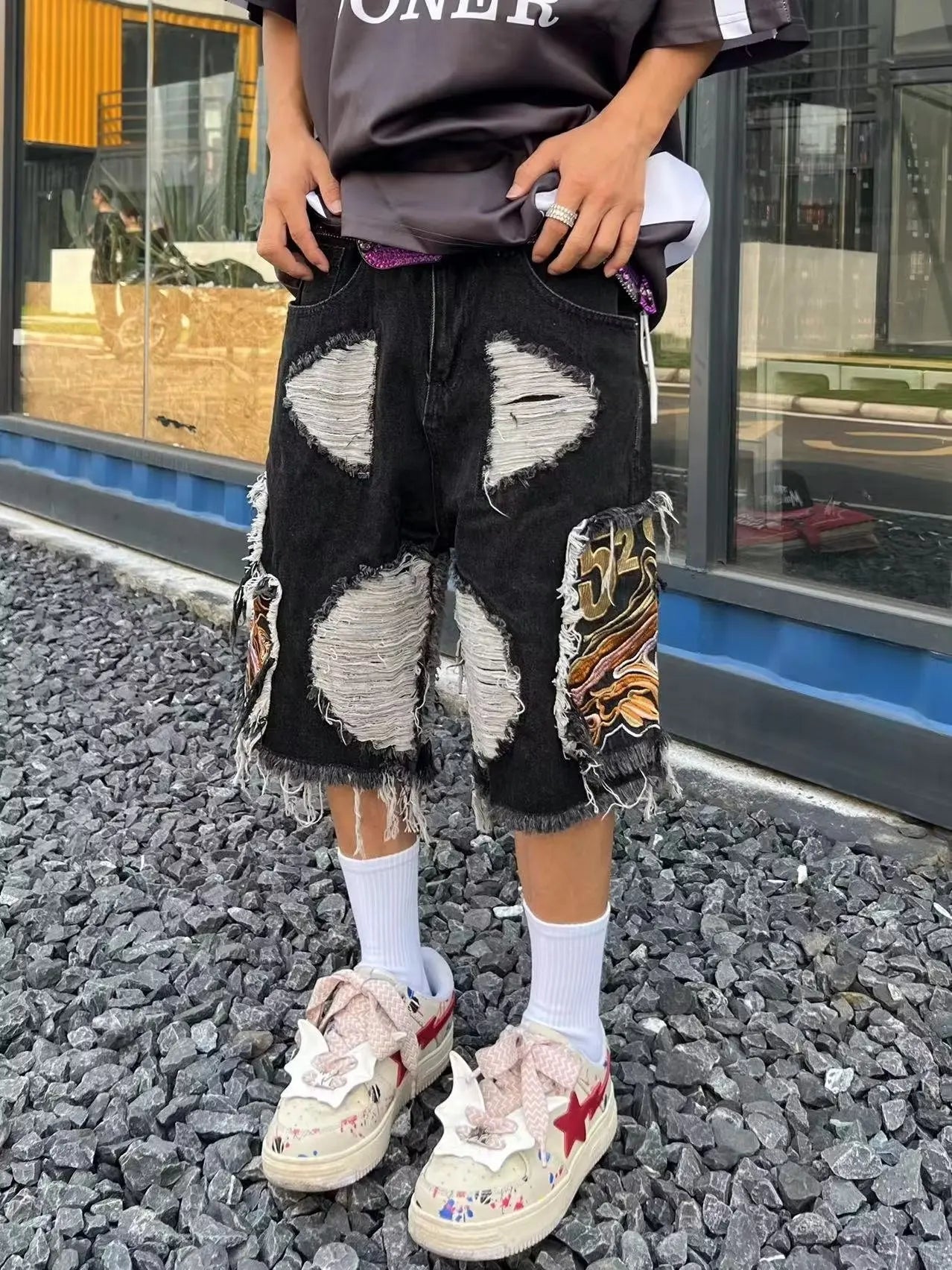 Hearujoy Embroidered tassel high street denim men's street hip-hop trendy brand ripped pants European and American fashion retro shorts