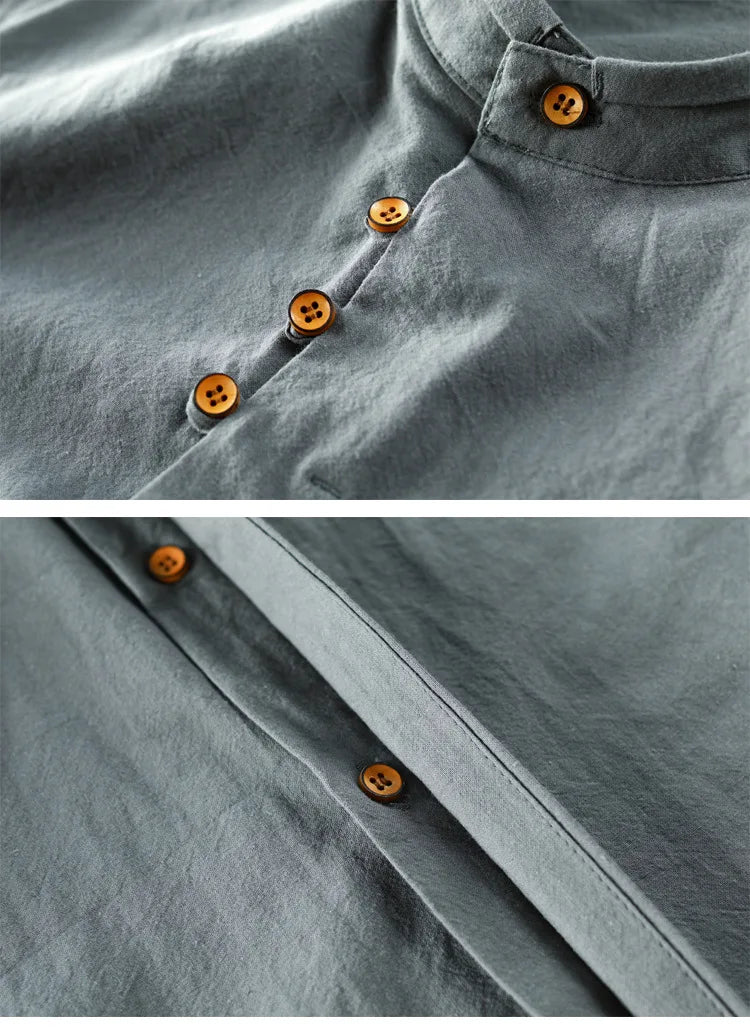 HEARUJOY  -  Vintage High Quality Linen Shirt For Men Long Sleeve Stand Neck Slim Fit Top Chinese Style Retro Blouse Streetwear Plus Size 7XL