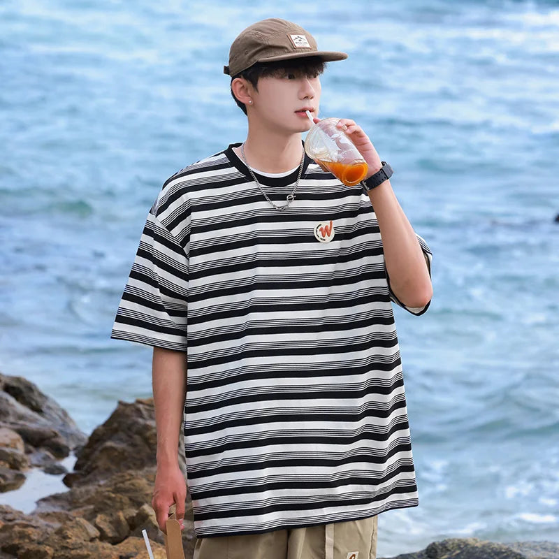 HEARUJOY  -  Hip Hop Striped T Shirt Men Streetwear Mens Stripes T-shirts Casual Summer Short Sleeves Oversized Contrast Tshirt Tops Tee