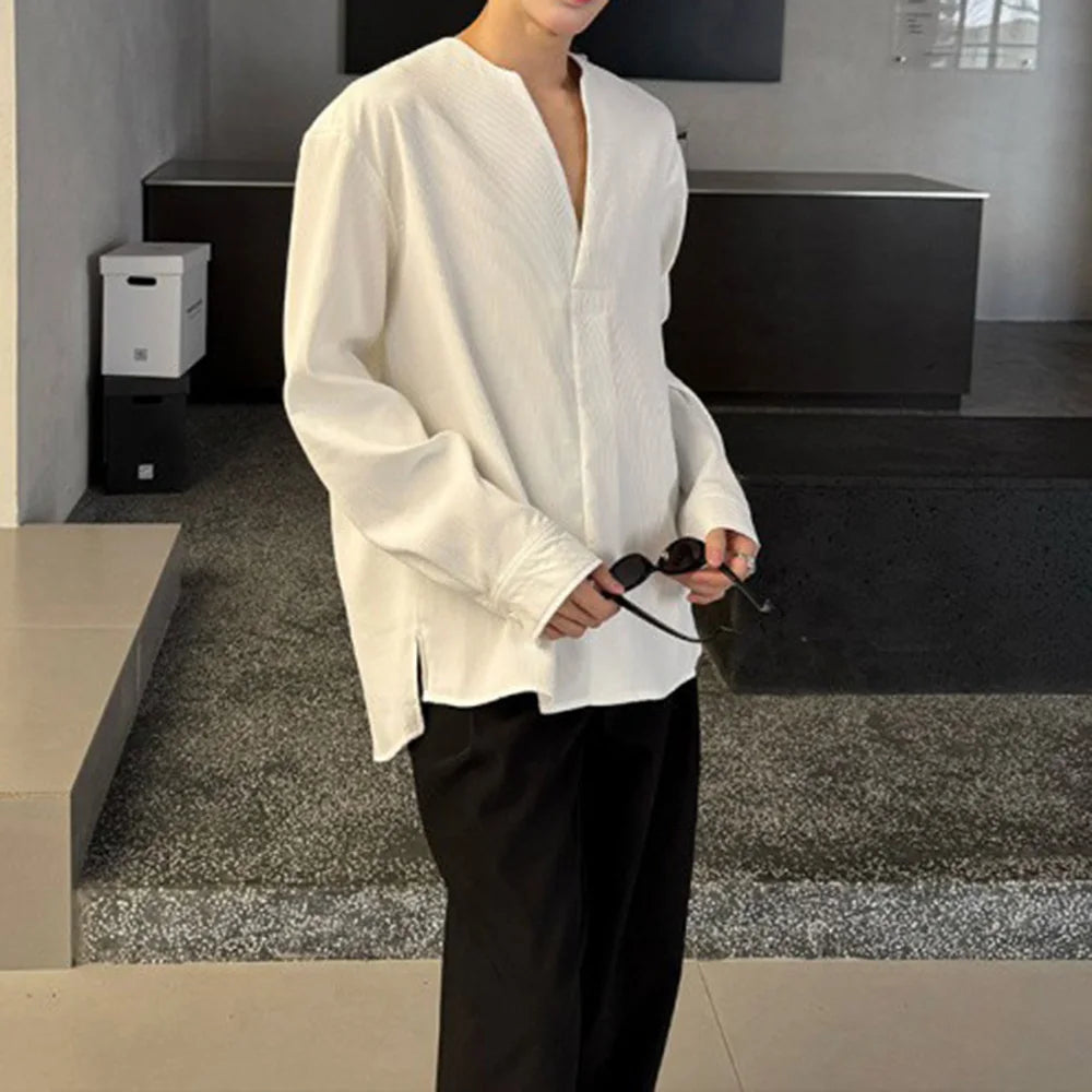 HEARUJOY  -  Mens Shirt V-Neck Sexy Nightclub Shirt Streetwear Ballroom Fashion Elegant Versatile Long-Sleeved Top Men'S Clothing 2025 New