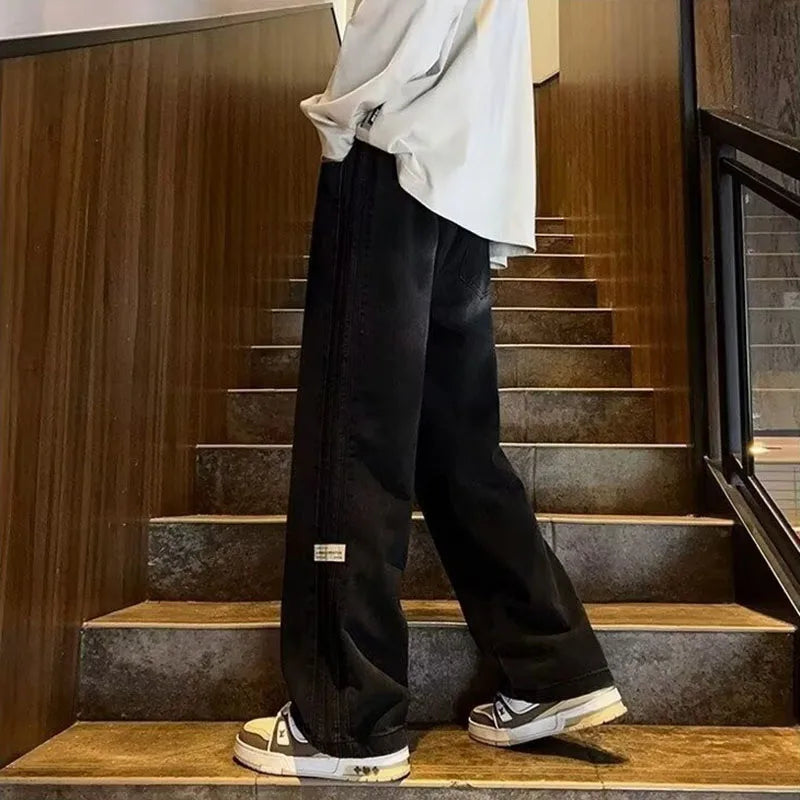 HEARUJOY  -  Spring And Summer New Straight Leg Pants Side Stripes Classic Blue Casual Jeans Men Korea Designer Clothes Baggy Jeans Man