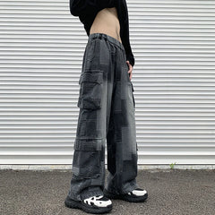 Hearujoy Vintage Patchwork Plaid Cargo Jeans Men Women Baggy Denim Trousers Streetwear Hip Hop Multi-Pockets Safari Style Casual