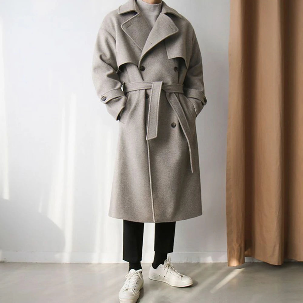 Hearujoy Mens Autumn Winter Thickened Mid-Length Woolen Coat Genderless Essential Warm Korean Trendy Retro Elegant Loose Strappy Coat