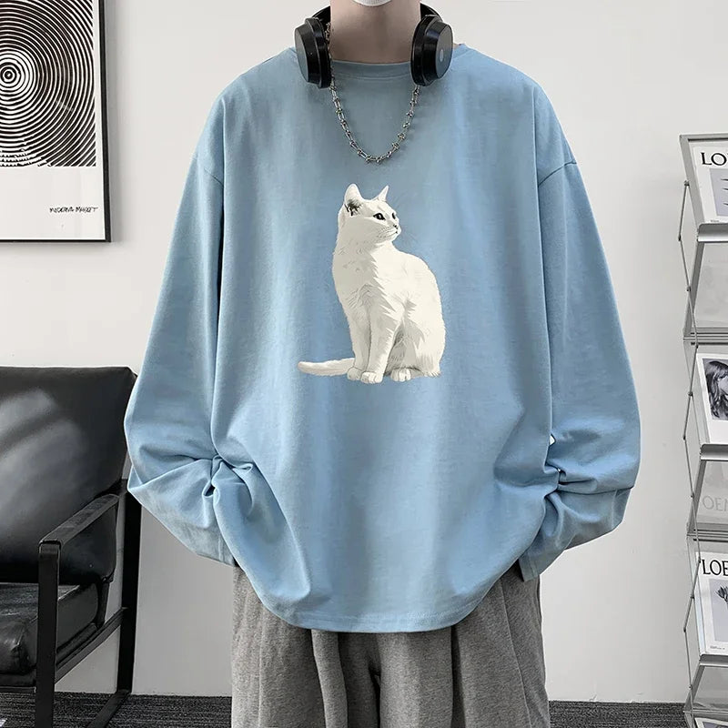 HEARUJOY  -  Men's Plain T-shirts Cotton Full Sleeves Fashion White Mens Oversized T Shirt Casual Wear Cat Walking Print Tee Shirts for Men