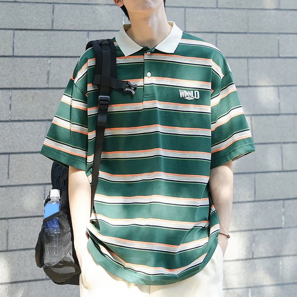 HEARUJOY  -  Casual Summer 2XL Mens Summer T-Shirts Casual Striped Short Sleeve Shirts Vintage Short Sleeve Tops Lapel Neckline