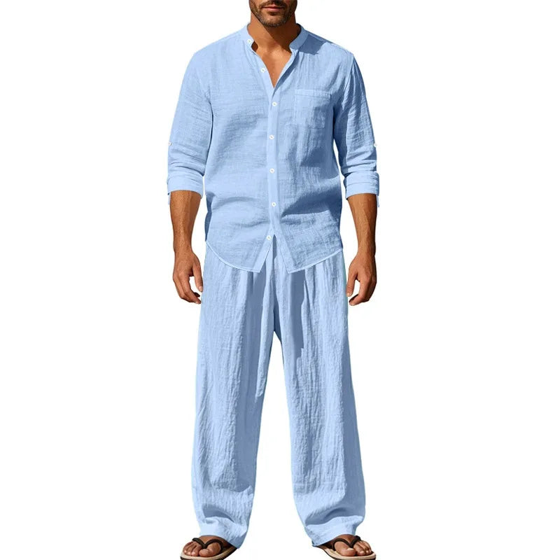 HEARUJOY  -  Men's Four-season Linen Loose and Breathable Long-sleeved Shirt, Casual Long Pants, Beach Suit