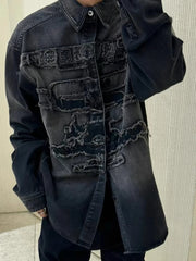 Hearujoy Distressed Letter Embroidery Frayed Jeans Jacket for Men and Women Vintage Washed Baggy Denim Coat Oversized Windbreaker Clothes
