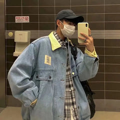 HEARUJOY  -  Retro Lapel Denim Jacket Men Jean Jackets Streetwear Turn Down Collar Denim Coats Cotton Casual Black Blue Coats Man Clothing