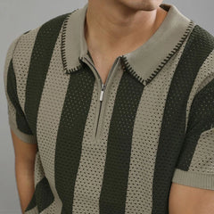 HEARUJOY  -  Men's Half-Zip Striped Knitted Short-Sleeved Polo Shirt American Retro Fashion Trend Casual Simple Loose Breathable Men's Tops