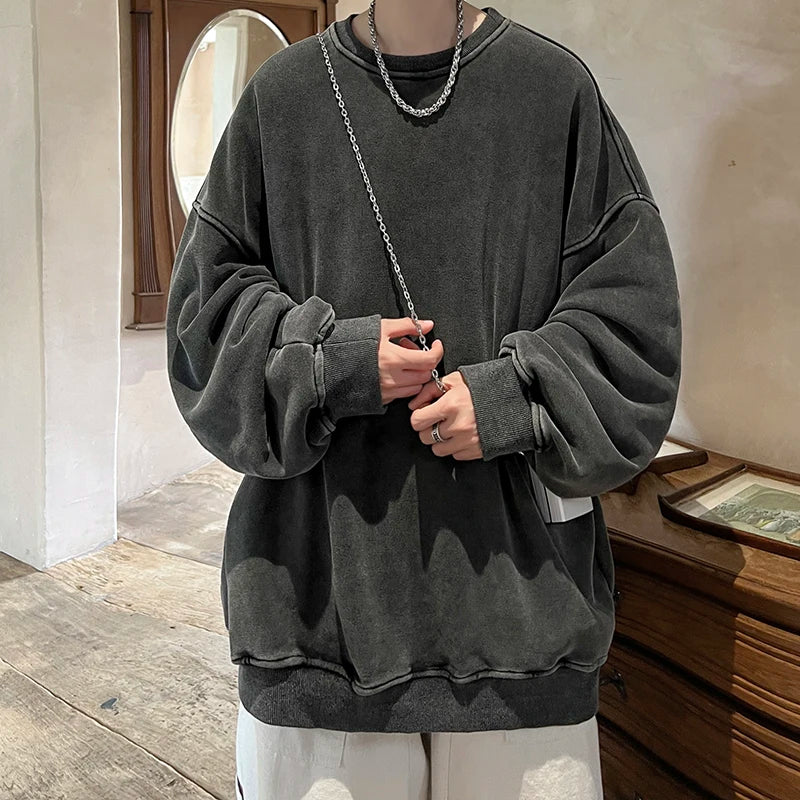 HEARUJOY  -  American Washed Old Pullovers Sweatshirts Men Loose Solid Color 2025 Autumn Large Size Warm O Neck Tops Hip Hop Y2k Sweatshirt