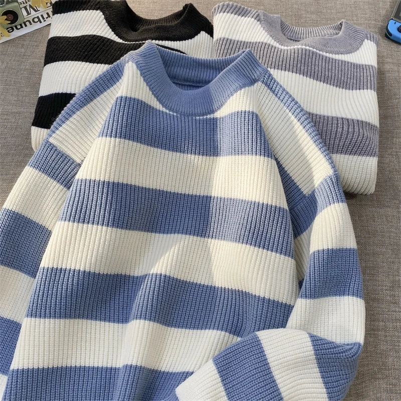 HEARUJOY  -  Men's Winter Sweater Harajuku Fashion Striped Sweter Oversize Pullover Warm Knitted Sweater Men's Clothing