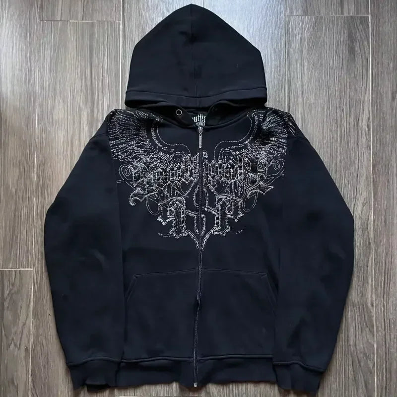 Hearujoy Affliction Street Hoodie Y2K Retro Gothic Skull Oversize Zipper Hoodie Mens Womens Hip Hop Casual Sweatshirt Personality Hoodie