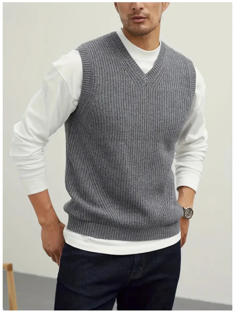 HEARUJOY  -  New Popular Preppy Style Men Sweater Vest Casual Knitted Streetwear Solid Color V Neck Waistcoat Leisure High Quality Knitwear