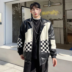 Hearujoy Spring autumn fashion streetwear Korean checkerboard stitching leather jacket men loose casual handsome leather jacket