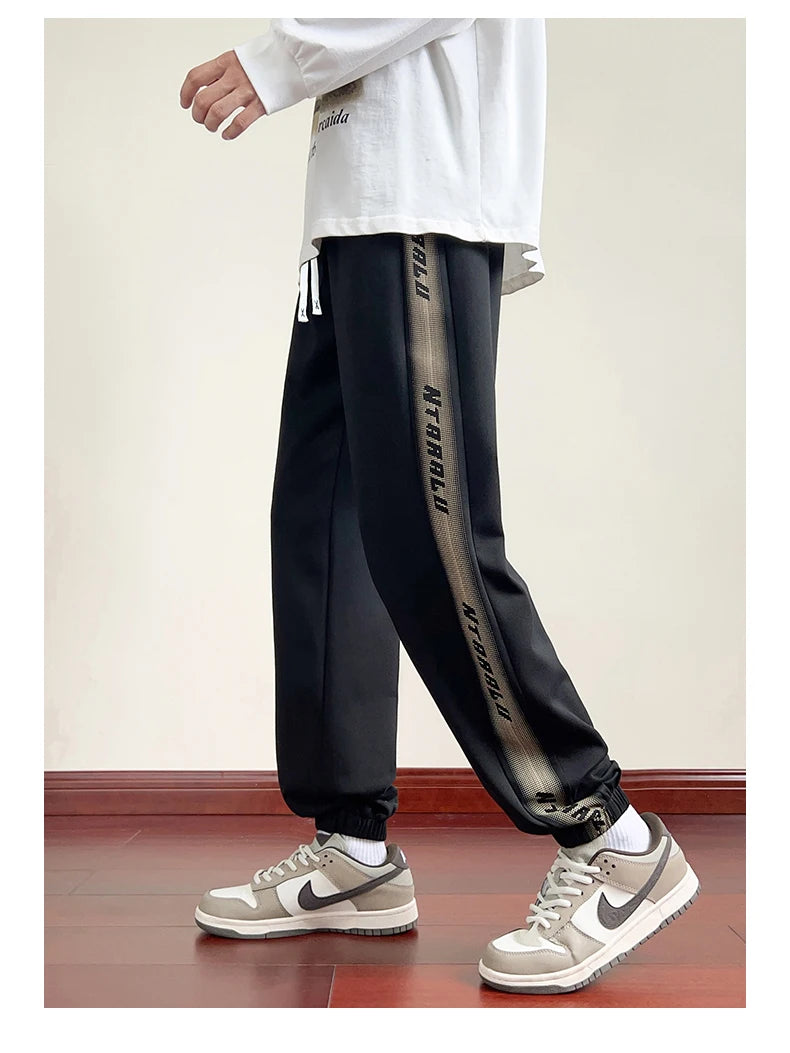HEARUJOY  -  Side Stripe Joggers Men Trousers Autumn High Street Vibe Korean Wide-leg Trousers Casual Niche Straight-leg Loose Sports Pants