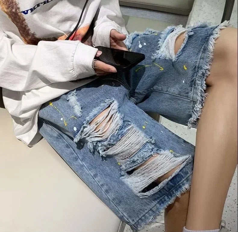 HEARUJOY  -  Loose Wide Ripped Bermuda Big Size with Pockets Half Long Baggy Oversize Short Jeans Pants for Men Man Denim Shorts Popular Emo