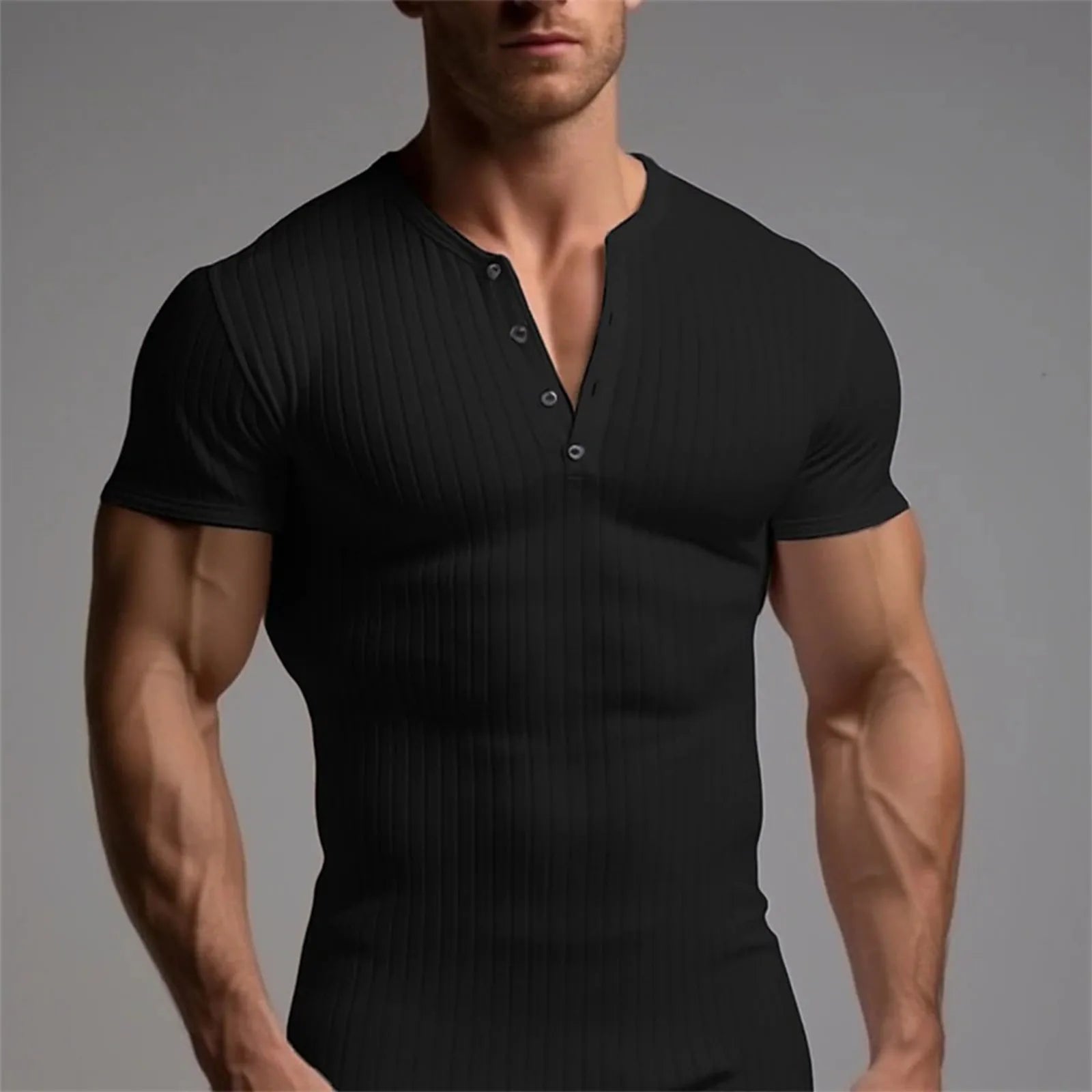 HEARUJOY  -  Men's Threaded T-shirt Summer Running Sports Fitness Clothes Muscle Slim Fit Short Sleeve T-shirt V-neck Collar Casual Tops