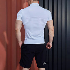 Hearujoy American High-Neck Sports Short-Sleeved T-Shirt Mens Summer Fitness Training Quick-Drying Elastic Sweat-Absorbent Tight Clothes