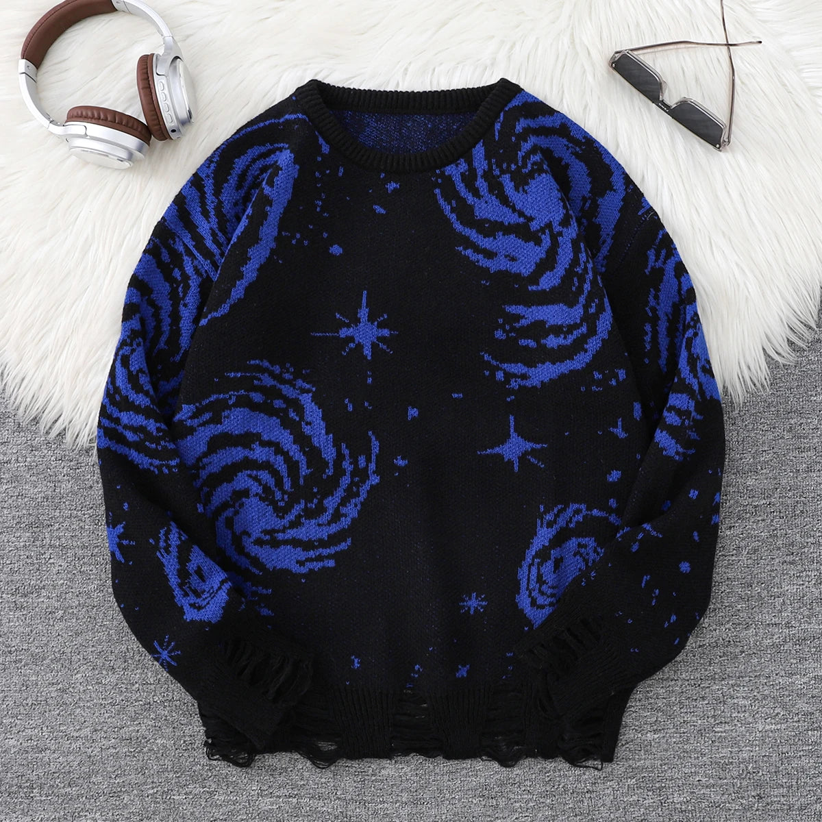 HEARUJOY  -  New Popular Street Ripped Abstract Starry Sky Pattern Pullover Ripped Sweater Casual Round Neck Knitted Men's Pullover