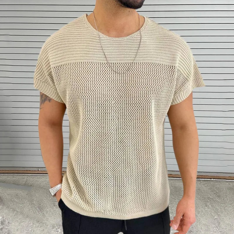 HEARUJOY  -  Summer Thin Hollow Out Knitted T Shirt For Men Round Neck Short Sleeved Pullover Top Fashion Casual Knitwear T-shirts Streetwear
