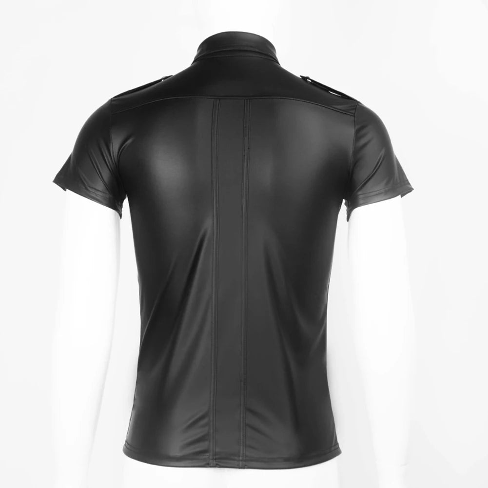 HEARUJOY  -  Men\\\'s Clothing Top Autumn Collared Faux Leather Wet Look Men Regular S-2XL Solid Color Tee Top Blouse Uniform Shirt