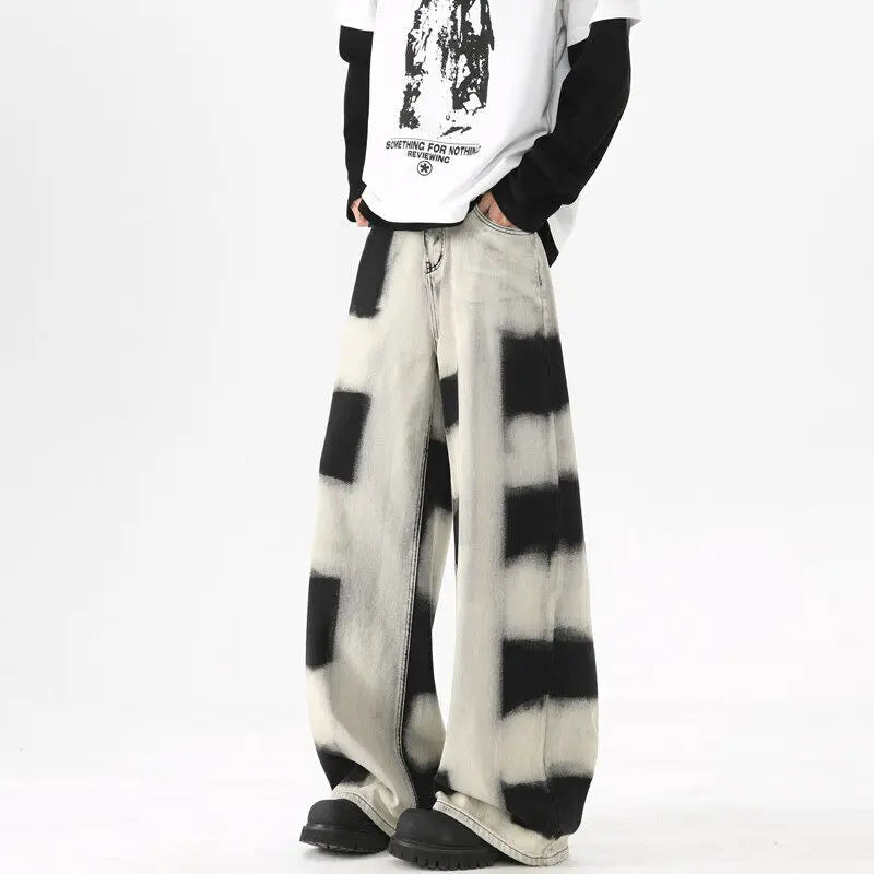 HEARUJOY  -  Baggy Jeans Men Fashion Retro Wide Leg Jeans Men Streetwear Hip-hop Loose Black Plaid Jeans Mens Vintage Denim Pants S-3XL