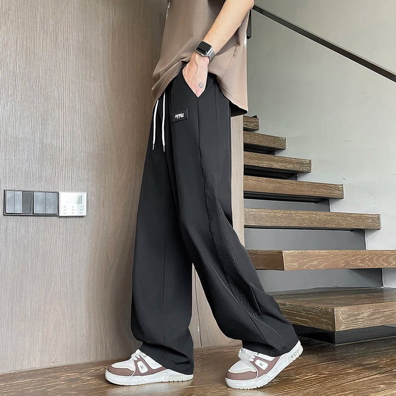 HEARUJOY  -  Summer Thin Ice Silk Mesh Quick Dry Elastic Pants Men Breathable Side Hollow Out Trousers Loose Sweatpants Men's Casual Pants