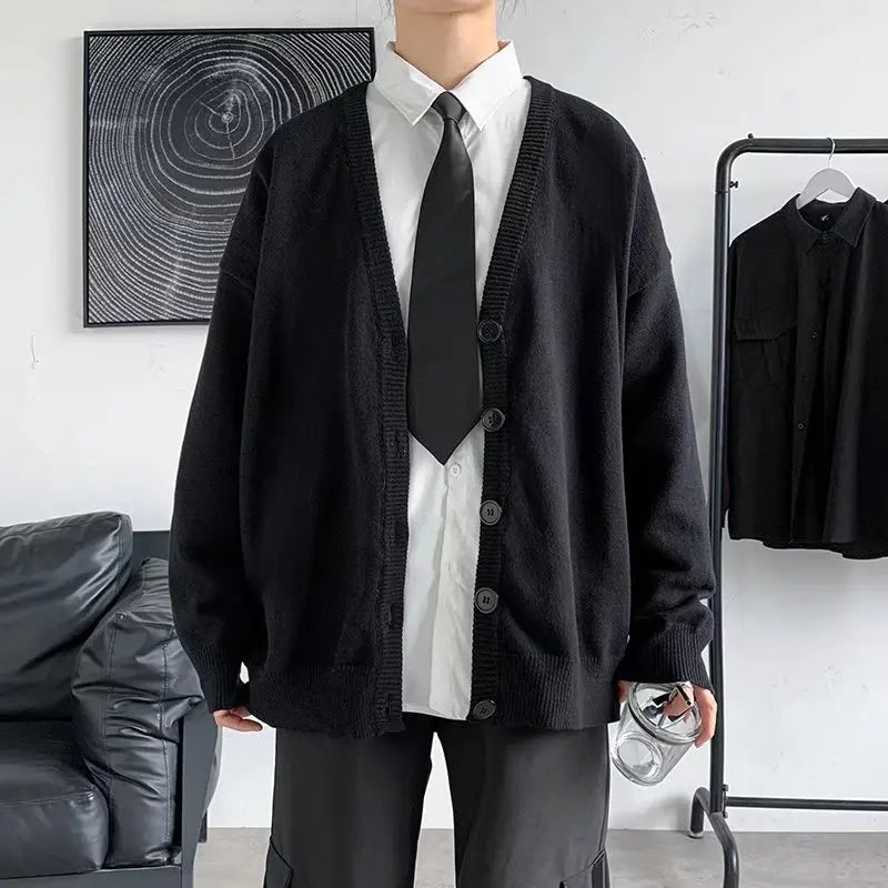 HEARUJOY  -  Autumn Winter Men Casual V-Neck Cardigan Sweaters Solid Color Long Sleeve Outerwear Single-breasted Male Loose Knitted Coats