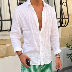 HEARUJOY  -  Men Seaside Beach Vintage Solid Cardigans Top Spring New Casual Linen Shirts Mens Long Sleeve Button-up Turn-down Collar Shirt