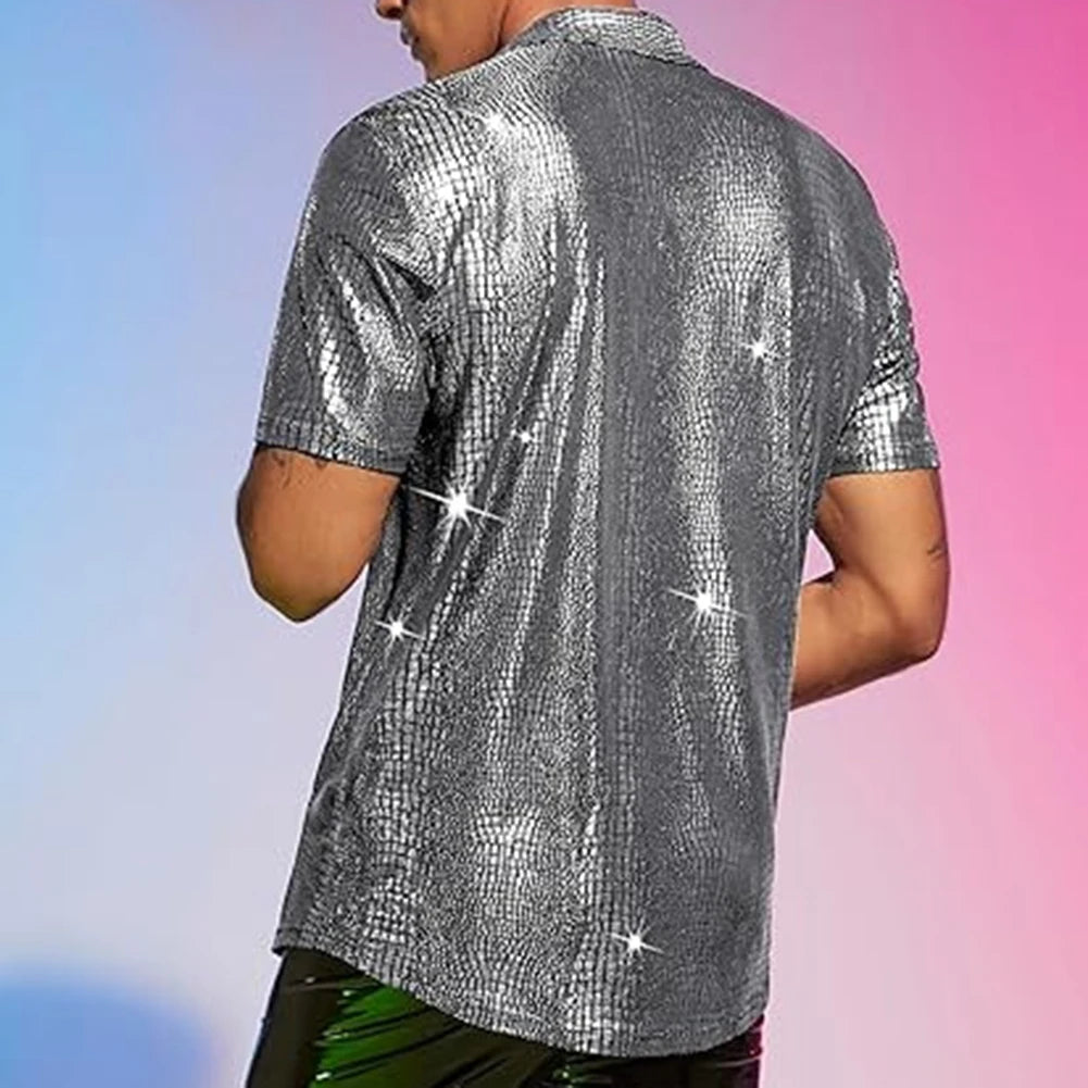 HEARUJOY  -  Male Tops Men Shirt Fashionable Regular Turn-down Collar Disco Stage Shirt Shiny Party Performance Short Sleeve