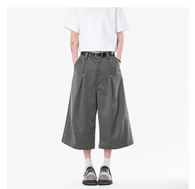 HEARUJOY  -  Korean Style Men Casual Shorts Solid Color Pleated Design Metal Design Cropped Trousers Cleanfit Male Bottom Simple