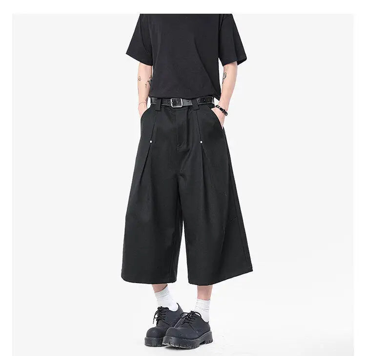 HEARUJOY  -  Korean Style Men Casual Shorts Solid Color Pleated Design Metal Design Cropped Trousers Cleanfit Male Bottom Simple
