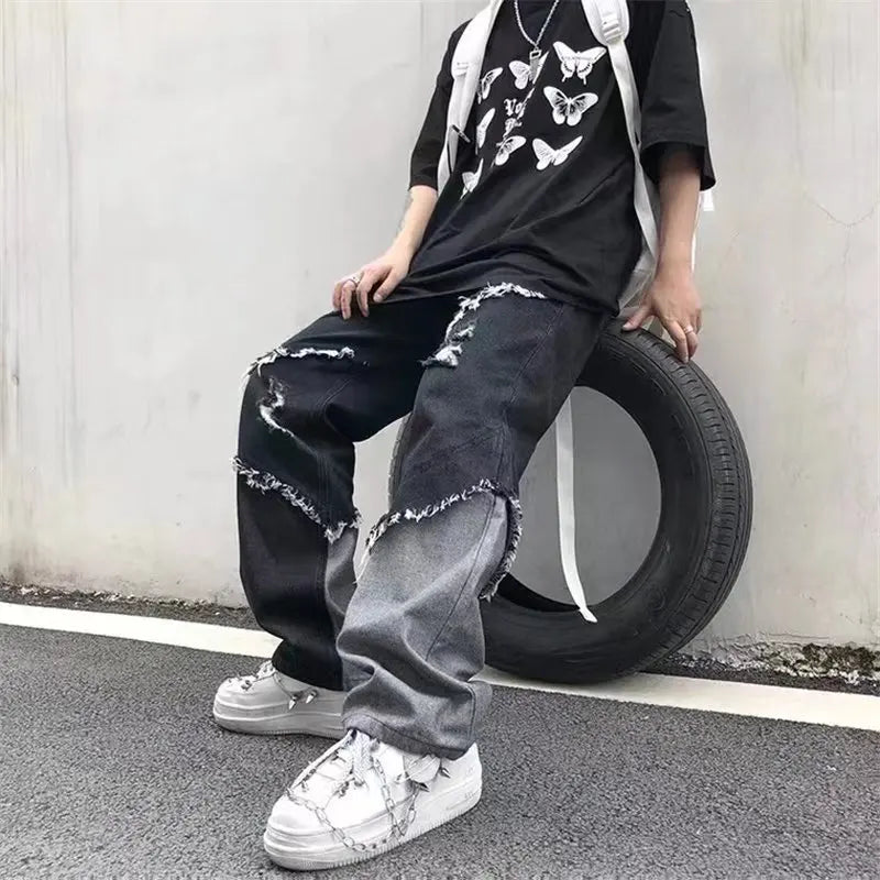 HEARUJOY  -  Mens Jeans Pants With Hole Casual Vintage Straight Leg Korean Fashion Streetwear Harajuku Trousers