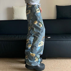 Hearujoy American Design Men's Jeans Full Print Floral Loose Wide Leg Straight Denim Pants Floor Mop Contrast Color Trousers