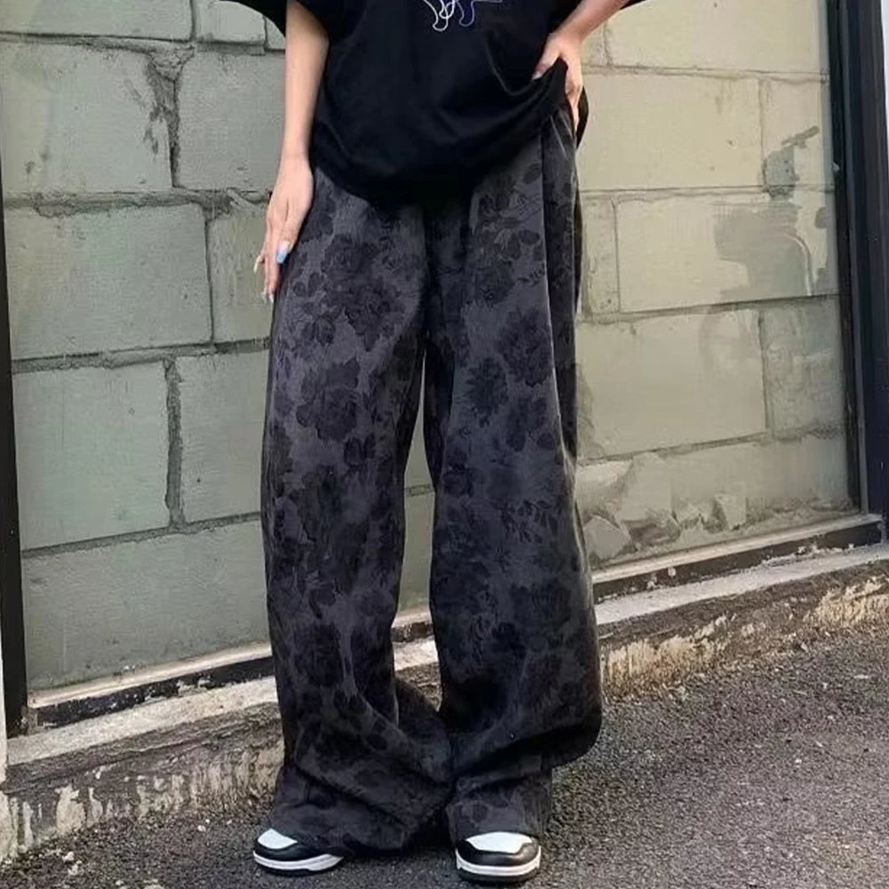 HEARUJOY  -  Men Loose Vintage Casual Jogging Pants Printing Korean Style High Street Trouser Wide Leg Streetwear