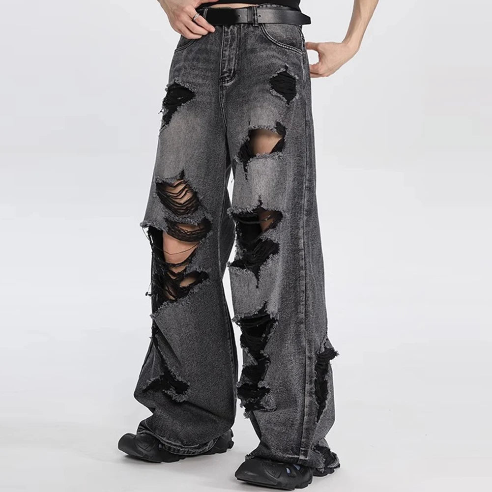 HEARUJOY  -  Men Vintage High Waist Baggy Hole Pants Fashion Hip Hop Gothic Wide Leg Jeans Casual Loose Trouser 2025