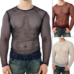 Hearujoy Men Transparent Sexy Mesh T Shirt 2024 New See Through Fishnet Long Sleeve Muscle Undershirts Nightclub Party Perform Top Tees