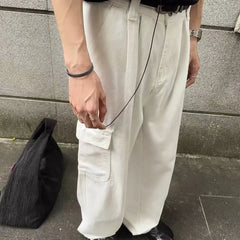 HEARUJOY  -  Big Pocket White Mens Cargo Pants Loose Straight Tube High Street Trousers Solid Simplicity Trend Wide Legs Overalls
