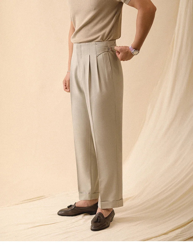HEARUJOY  -  Men's Summer Straight Pants Paris Button Non Ironing Loose Fitting Business Naples Casual Pants High Waisted Office Trousers Men