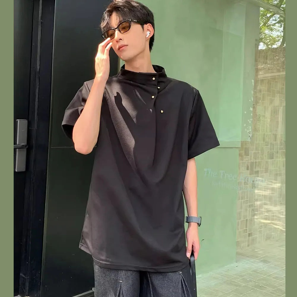 HEARUJOY  -  Men Korean Stand Collar Retro Casual Tee Tops Short Sleeve Street Wear Men's Loose T-Shirt Breathable
